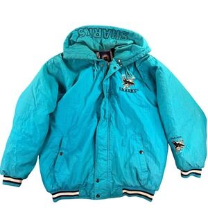 Vintage San Jose Sharks Jacket Mens Medium Teal Competitor 90s NHL Puffer Hooded